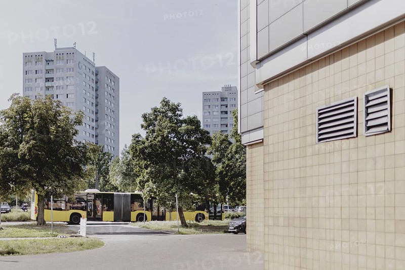 Berliner Verkehrsbetriebe bus in front of a prefabricated building, taken in Berlin, 07/08/2024
