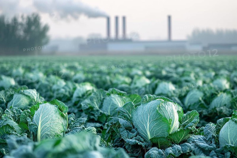 Agricultural field with growing cabbage and factory with fumes in blurry background. Generative Ai, AI generated