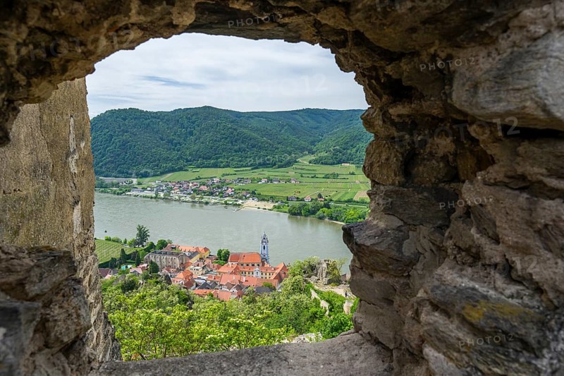 View from Dürnstein castle in spring, Dürnstein, Danubia river, Wachau, Austria, Europe