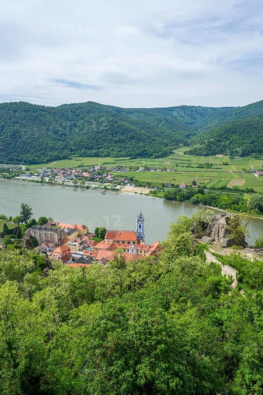 View from Dürnstein castle in spring, Dürnstein, Danubia river, Wachau, Austria, Europe