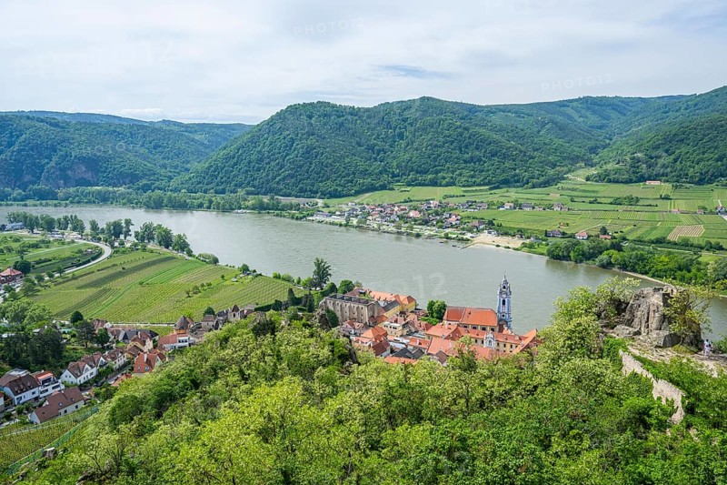 View from Dürnstein castle in spring, Dürnstein, Danubia river, Wachau, Austria, Europe