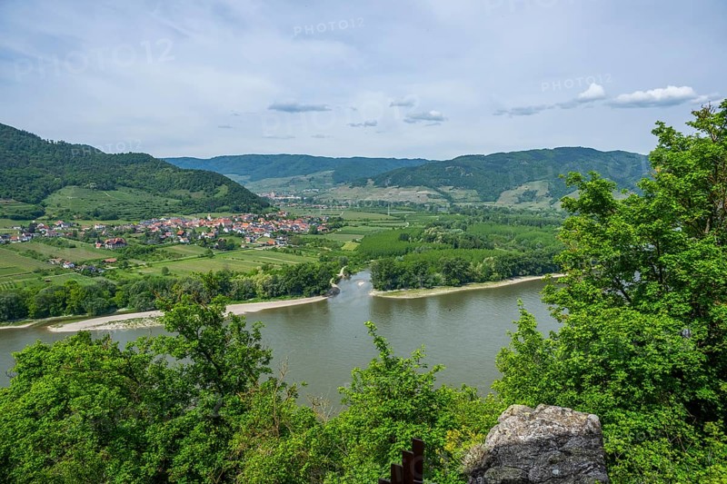 View from Dürnstein castle in spring, Dürnstein, Danubia river, Wachau, Austria, Europe