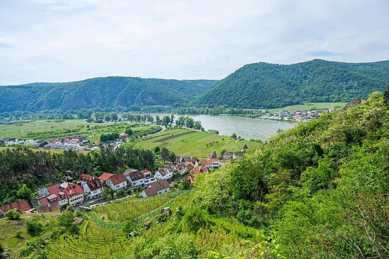 View from Dürnstein castle in spring, Dürnstein, Danubia river, Wachau, Austria, Europe