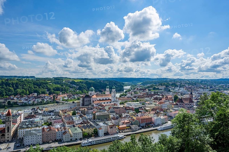 View over the historic old town of Passau from 'Veste Oberhaus', Bavaria, Germany, Europe