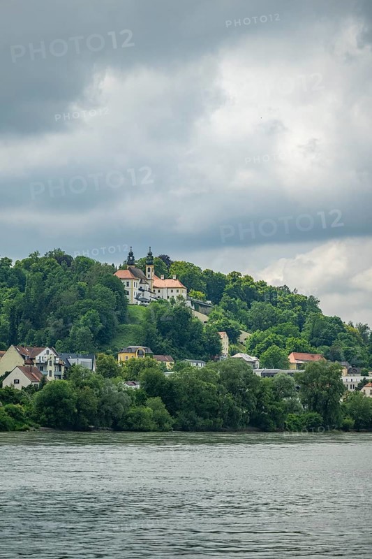 View from danubia River on church 'Wallfahrtskirche Mariahilf', Passau, Bavaria, Germany, Europe