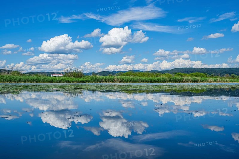 Landscape of Danubia river with reflection of the landscape and Clouds, Castle of Wörth an der Donau in the background, Upper Palatinate, Bavaria, Germany, Europe
