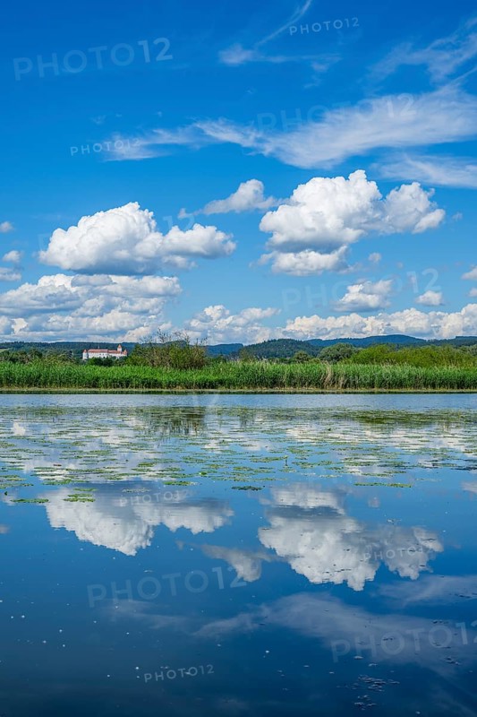 Landscape of Danubia river with reflection of the landscape and Clouds, Castle of Wörth an der Donau in the background, Upper Palatinate, Bavaria, Germany, Europe