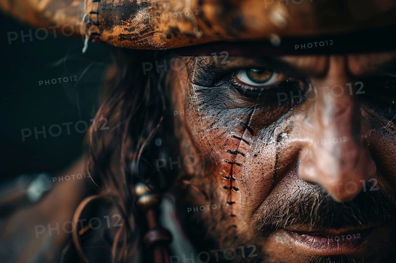 Close up of man'S face with Halloween pirate costume makeup. Generative Ai, AI generated