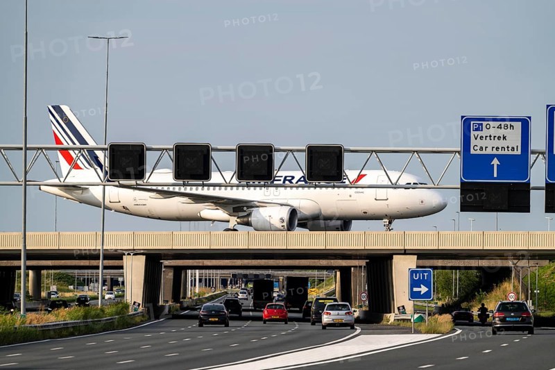Amsterdam Schiphol Airport, Air France Airbus A320 aircraft on the taxiway, bridge over the A4 motorway, connection from the Polderbaan runway to the terminal, Netherlands