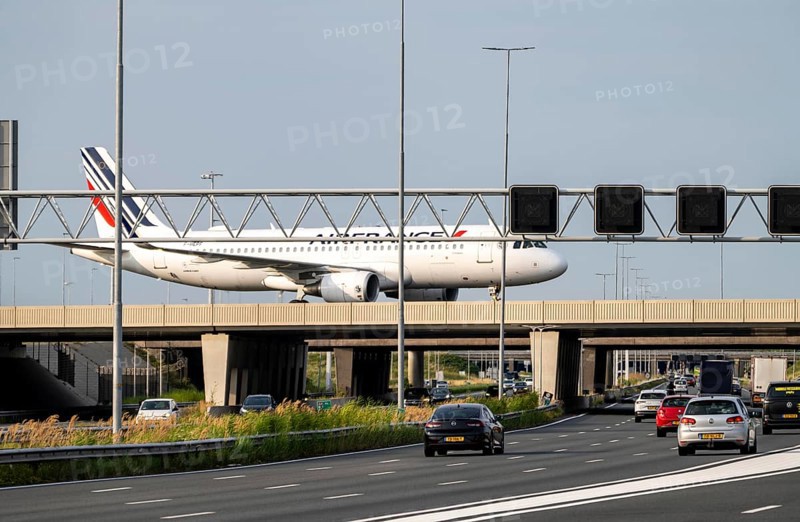 Amsterdam Schiphol Airport, Air France Airbus A320 aircraft on the taxiway, bridge over the A4 motorway, connection from the Polderbaan runway to the terminal, Netherlands