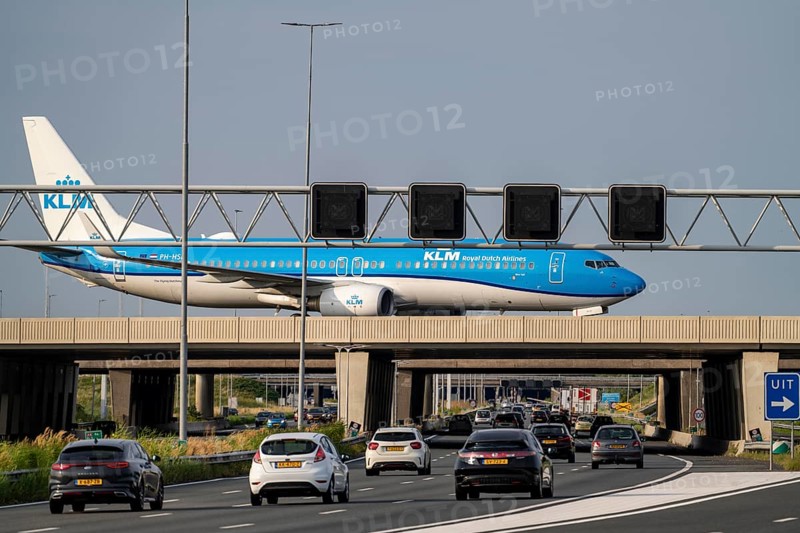 Amsterdam Schiphol Airport, KLM Boeing 737 aircraft on the taxiway, bridge over the A4 motorway, connection from the Polderbaan runway to the terminal, Netherlands