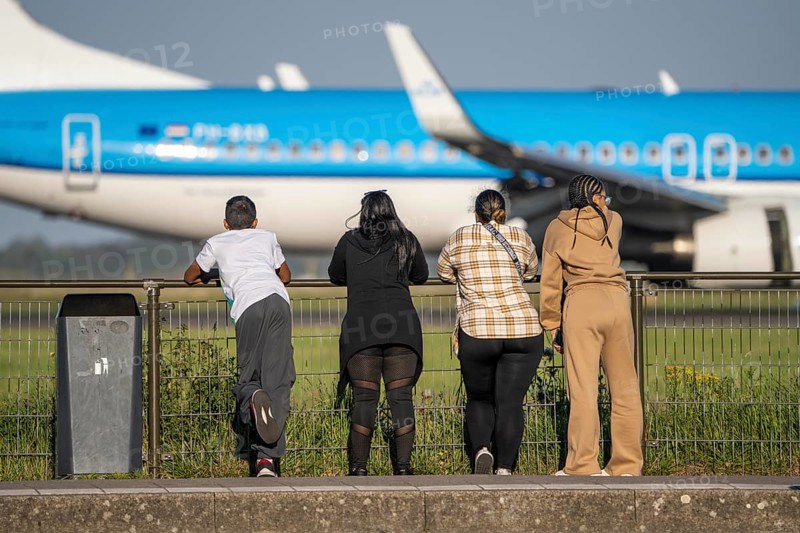 KLM aircraft after landing at Amsterdam Schiphol Airport, Polderbaan, 18R/36L, spotter spot, spectators at the runway, Netherlands