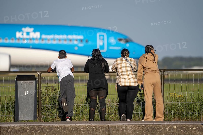KLM aircraft after landing at Amsterdam Schiphol Airport, Polderbaan, 18R/36L, spotter spot, spectators at the runway, Netherlands