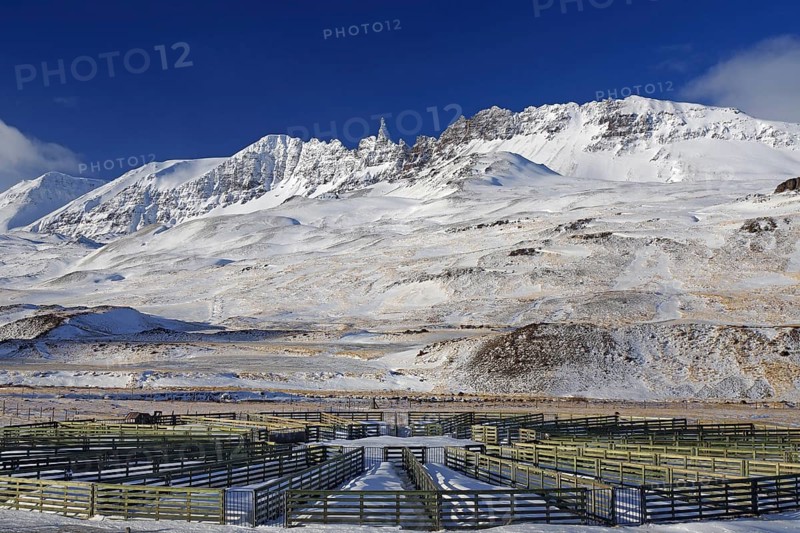 Wooden fences in a circular arrangement in front of a snow-covered mountain range under a blue sky, sheepfold, winter, Öxnadalur, Akureyri, Iceland, Europe