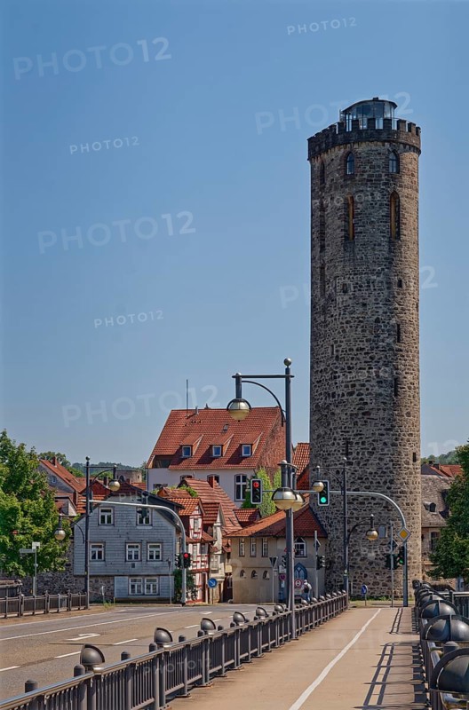 The Hagel Tower on the city centre side of the Fulda Bridge in Hannoversch Münden. Hannoversch Münden, Lower Saxony, Germany, Europe