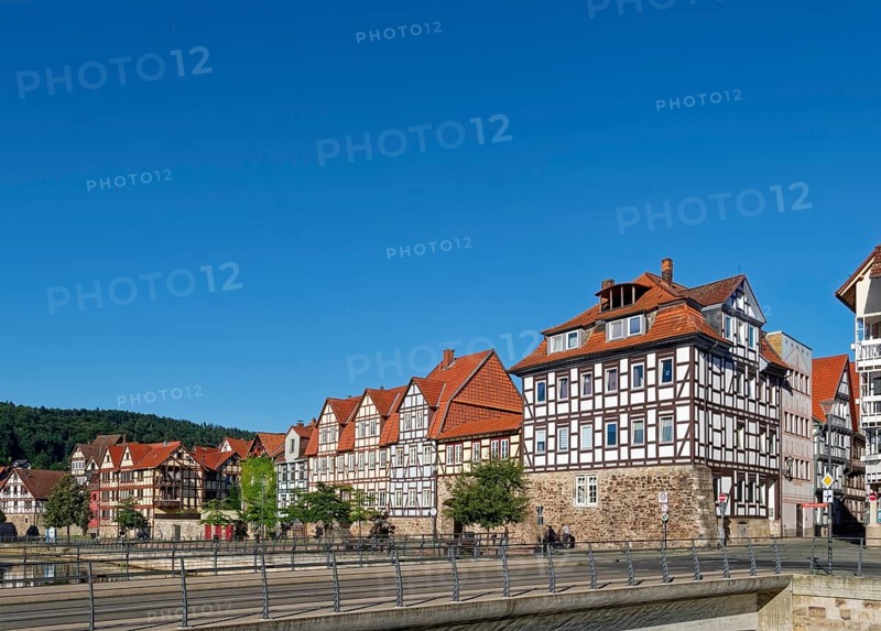 The Fulda Bridge and the half-timbered houses on the west side of the historic old town of Hannoversch Münden. Hannoversch Münden, Lower Saxony, Germany, Europe