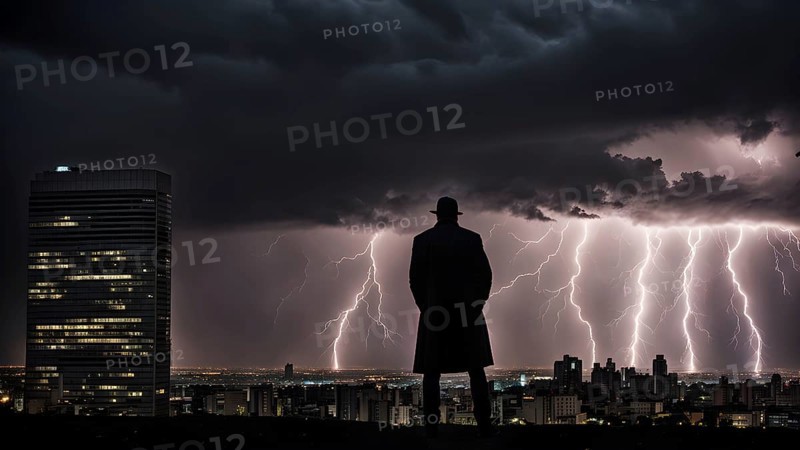 Apocalyptic hurricane scene with lighting and a human silhouette in front of city skyline, AI generated