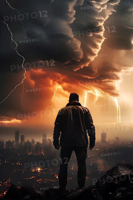 Apocalyptic hurricane scene with lighting and a human silhouette in front of city skyline, AI generated