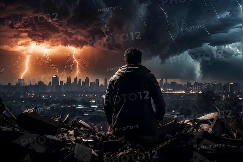 Apocalyptic hurricane scene with lighting and a human silhouette in front of city skyline, AI generated