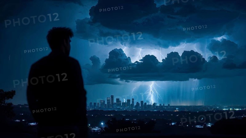 Apocalyptic hurricane scene with lighting and a human silhouette in front of city skyline, AI generated
