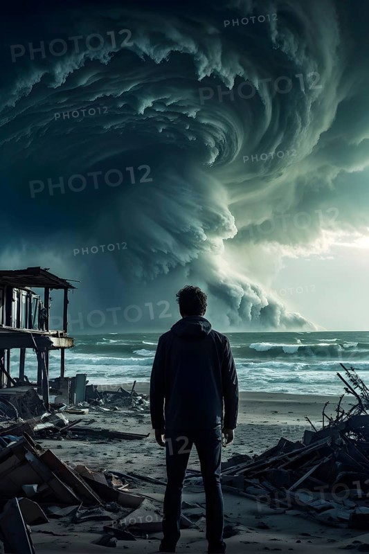 Apocalyptic hurricane scene with human silhouette at destroyed beach resort, AI generated