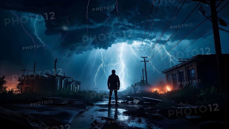 Apocalyptic hurricane scene with human silhouette at destroyed beach resort, AI generated