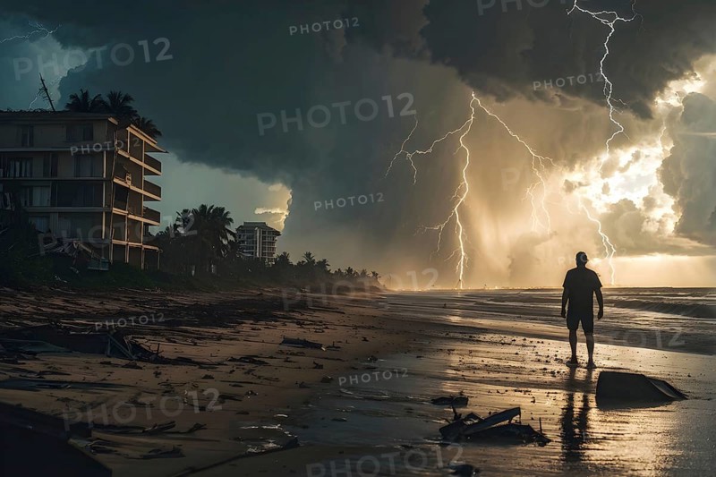 Apocalyptic hurricane scene with human silhouette at destroyed beach resort, AI generated