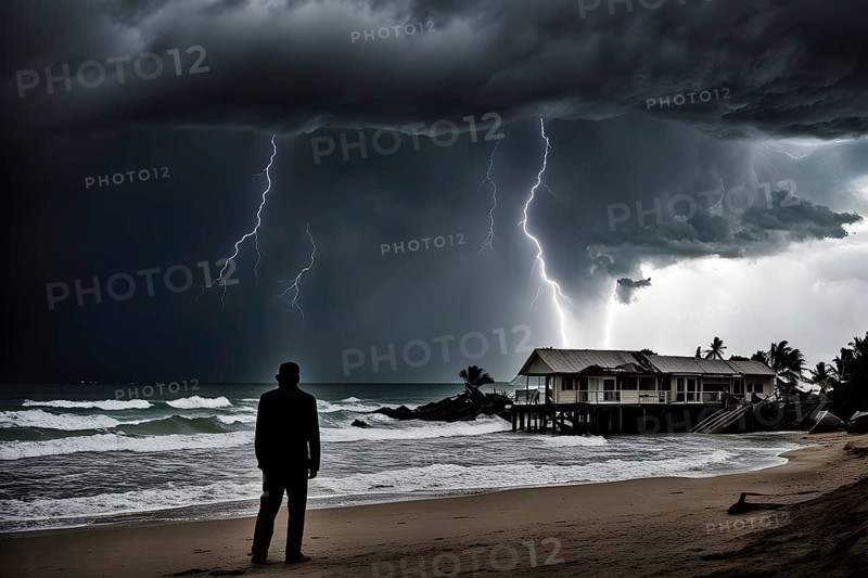 Apocalyptic hurricane scene with human silhouette at destroyed beach resort, AI generated