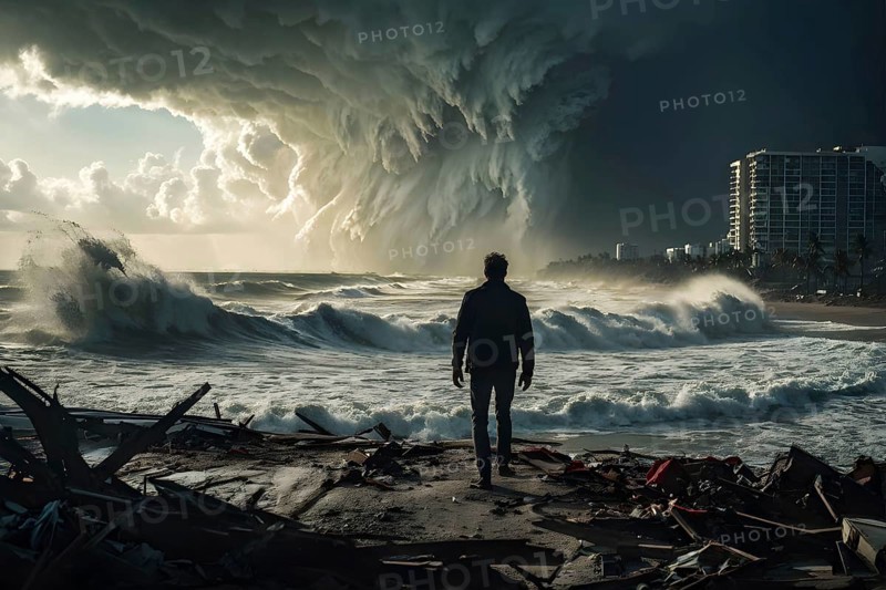 Apocalyptic hurricane scene with human silhouette at destroyed beach resort, AI generated