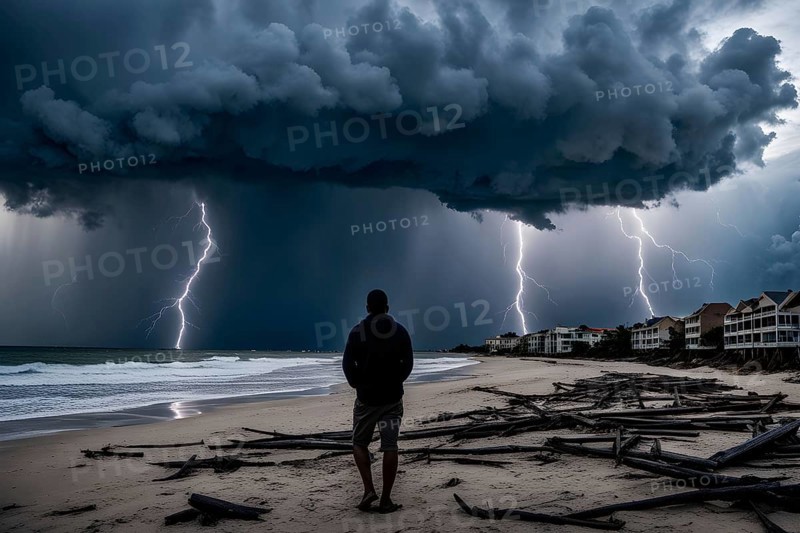 Apocalyptic hurricane scene with human silhouette at destroyed beach resort, AI generated
