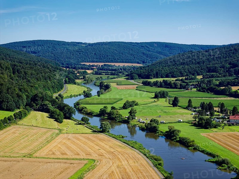Aerial view of the Upper Weser and the Weser Valley near Gottstreu in northern Hesse. Weser valley, Weserbergland, Hesse, Germany, Europe