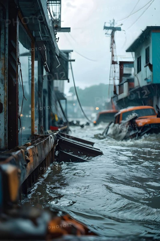 Apocalyptic hurricane scene with flood and destroyed city, AI generated