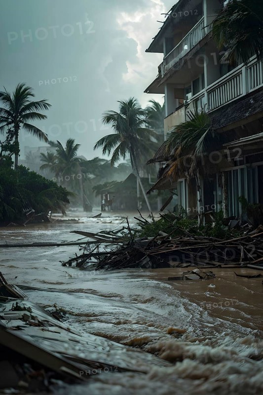Apocalyptic hurricane scene with flood and destroyed city, AI generated
