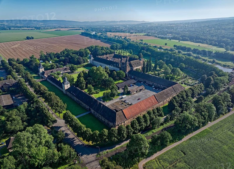 Aerial view of Corvey Castle, also Corvey Monastery, UNESCO World Heritage Site, in the Weserbergland on the Weser. Corvey, Höxter, North Rhine-Westphalia, Germany, Europe