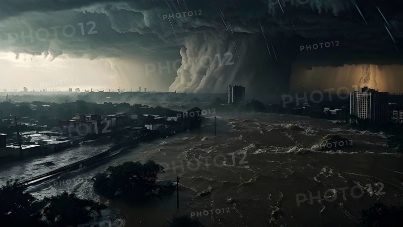 Aerial view of apocalyptic hurricane scene at a destroyed city, AI generated