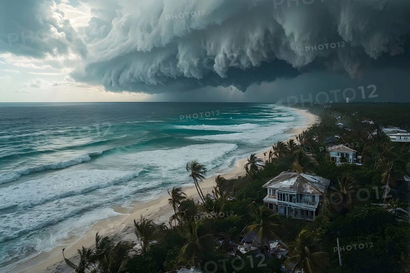 Aerial view of apocalyptic hurricane scene at a destroyed beach resort, AI generated