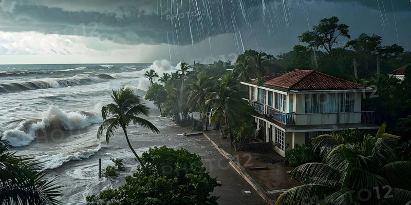 Aerial view of apocalyptic hurricane scene at a destroyed beach resort, AI generated
