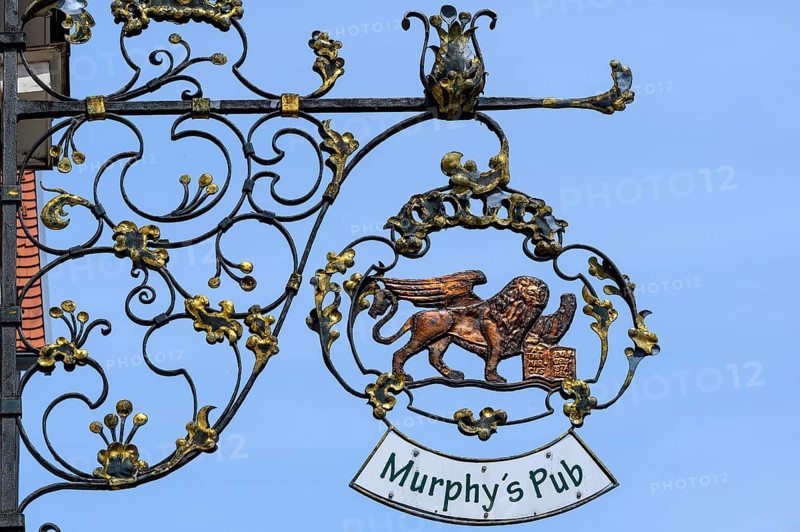 Nose shield with winged lion, Murphiys Pub, Isny, Baden-Württemberg, Germany, Europe