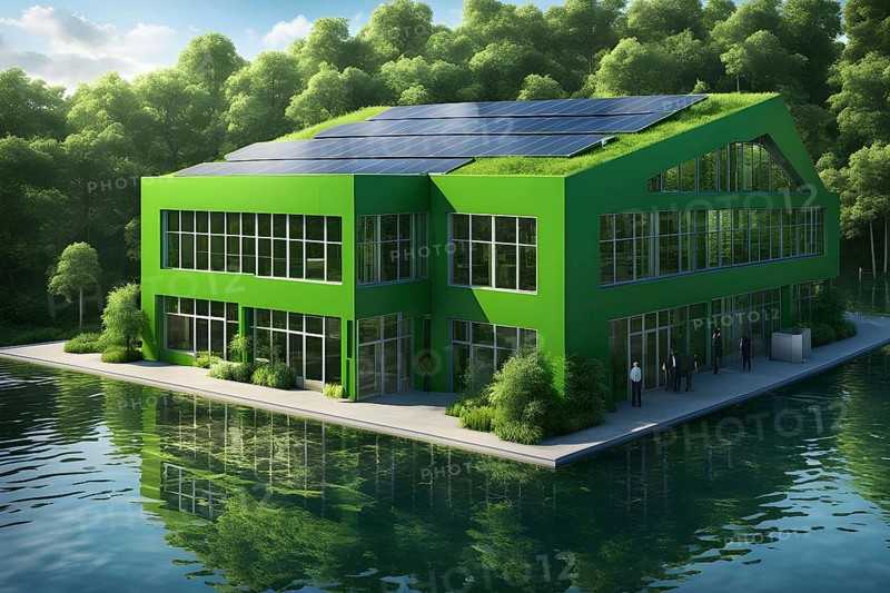 Model of green factory symbolizing green washing concept, AI generated
