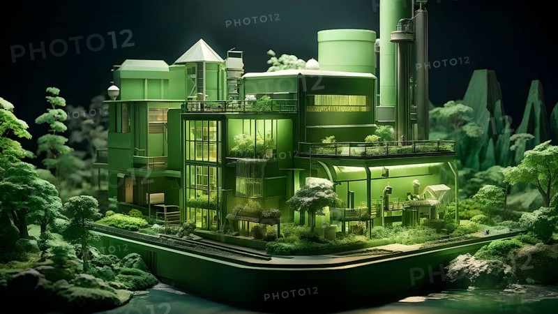 Model of green factory symbolizing green washing concept, AI generated