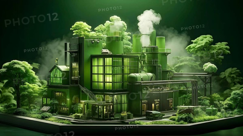 Model of green factory symbolizing green washing concept, AI generated