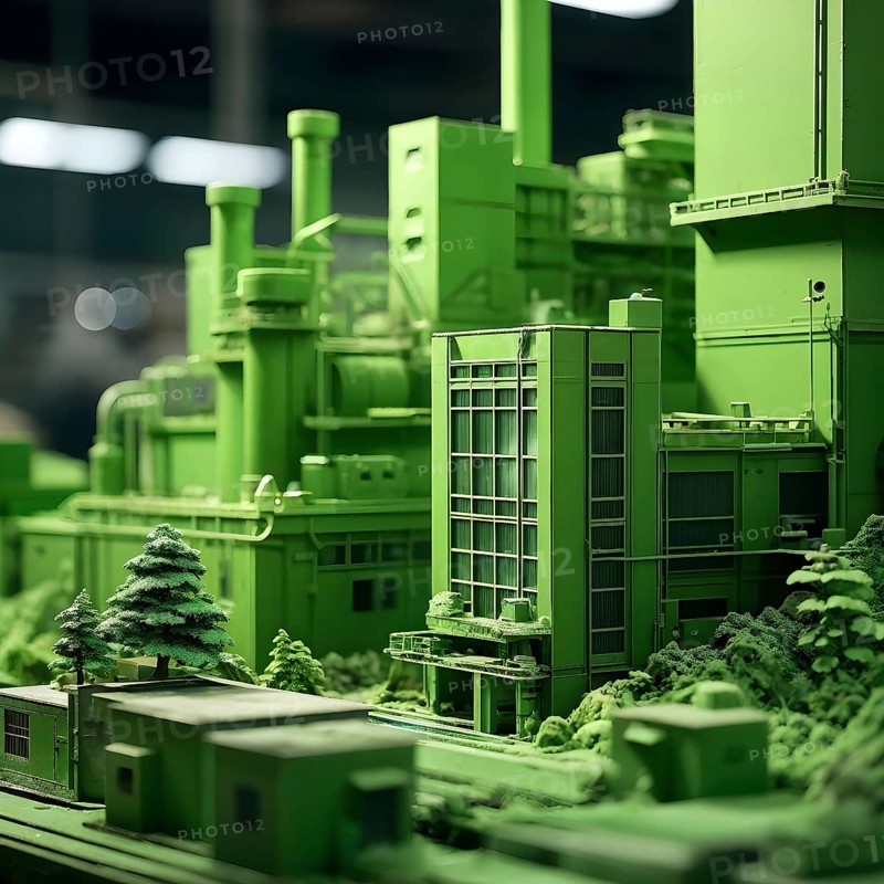 Model of green factory symbolizing green washing concept, AI generated