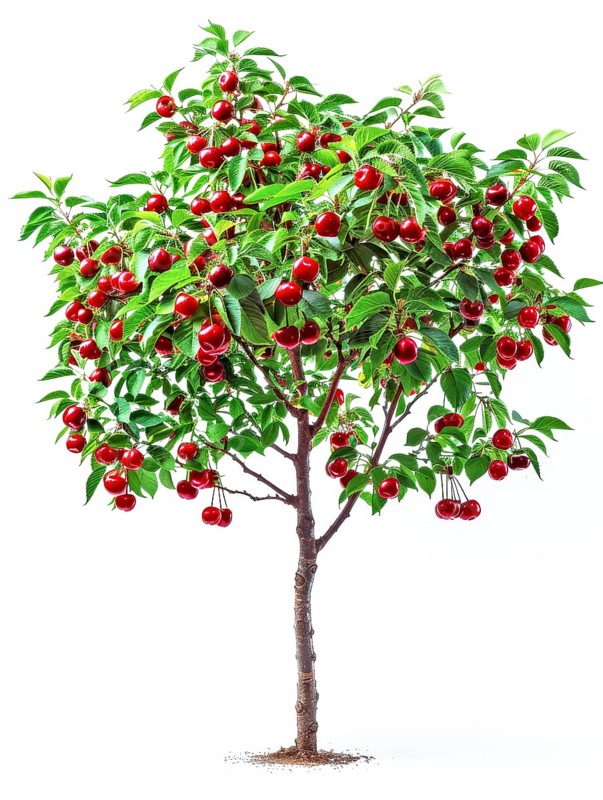 A tree bearing plentiful red cherries surrounded by green leaves, AI generated