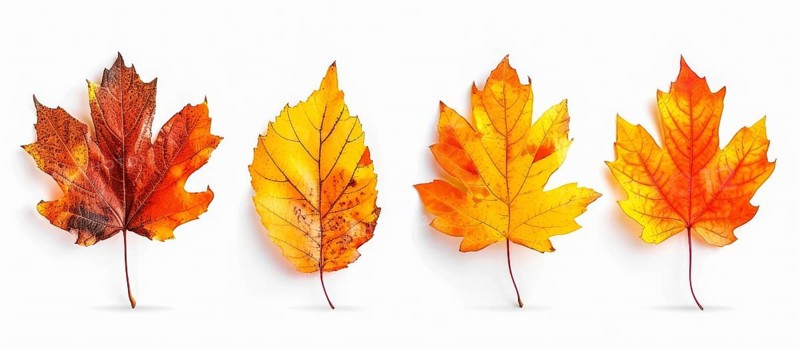 Four maple leaves in various stages of autumn coloration from yellow to red displayed against a white backdrop, AI generated