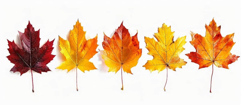 Five maple leaves ranging in color from red to yellow aligned in a single row on a white background, AI generated