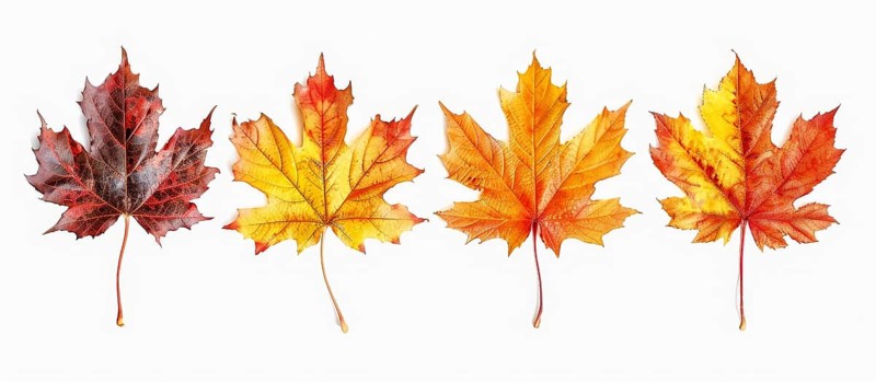 Four maple leaves in vibrant autumn colors of red, orange, and yellow placed in a neat row, AI generated