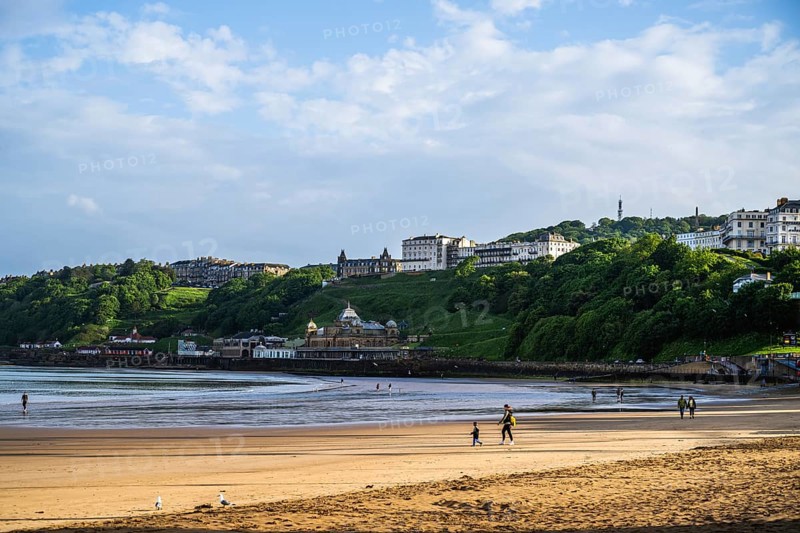 View over Scarborough Beach and South Bay Beach, Scarborough, North Yorkshire, England, United Kingdom, Europe