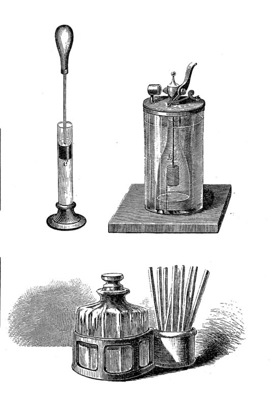 Lighters, Pneumatic lighter, Döbereiner's platinum lighter and chemical lighter, 1880, Historical, digital reproduction of an original from the 19th century
