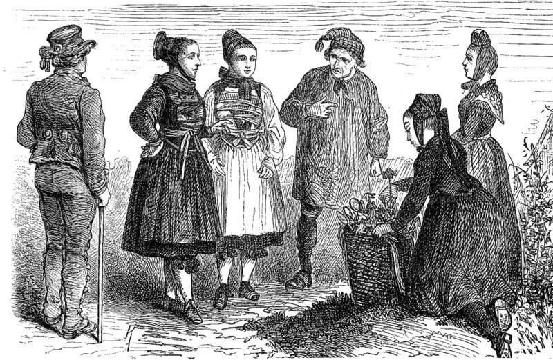 People in traditional traditional costume from the district of Hesse-Darmstadt, then Grand Duchy of Hesse, Germany, in 1860, Historical, digital reproduction of an original from the 19th century, Europe