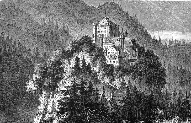 Hohenschwangau Castle near Füssen in Ostallgäu, Bavaria, Germany, in 1880, Historical, digital reproduction of an original from the 19th century, Europe